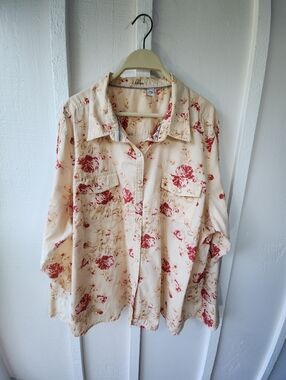 Zintage IZOD Cream & Rose Floral Pearl Button-Up Shirt Western Size 2X
